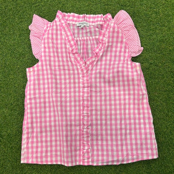 Periwinkle Collection Tops - Periwinkle Collection Pink Gingham Ruffle V-Neck Sleeveless Blouse Small